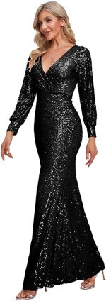 MOOSSIS Women Sequin Fishtail V Neck Maxi Bodycon Black Dress with Long & Open Sleeves BL0004R-002 - Image 2